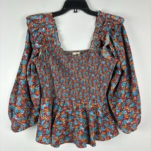 Entro Boho Ditsy Floral Smocked Top Women's Sz L Puff Sleeve Western Babydoll